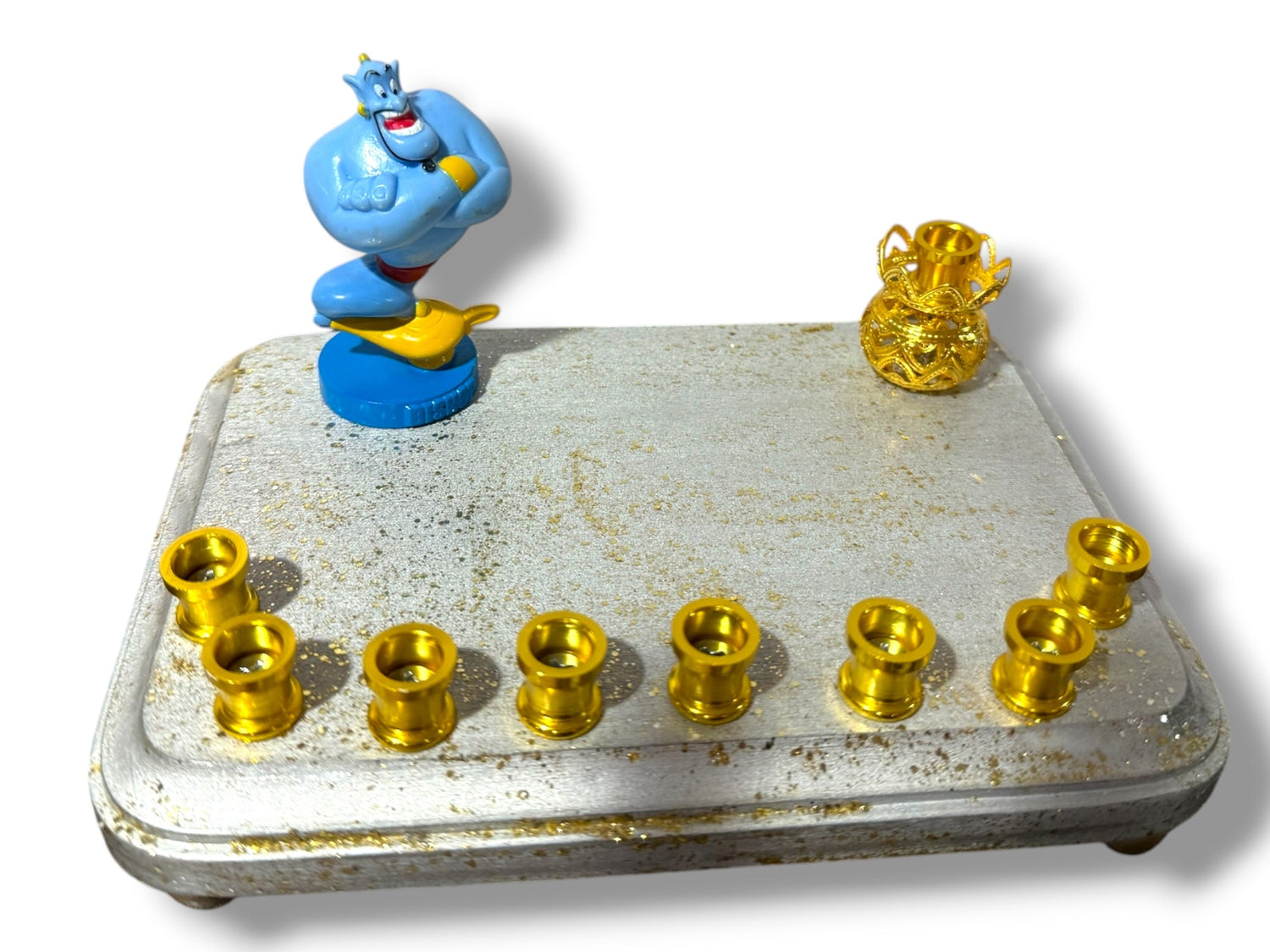 Genie menorah — blue Aladdin genie figure on painted wood plaque with aluminum candle cups | Judaica Square Lakewoo (view 10)