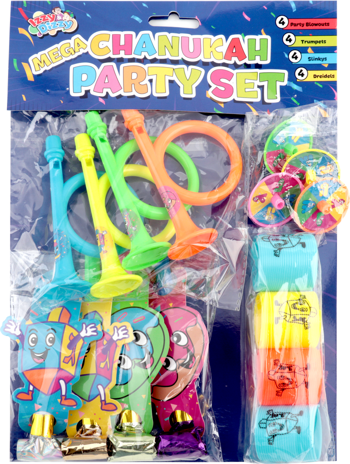 Mega Chanukah Party Set — blowouts, slinkys, trumpets and dreidels laid out | Judaica Square Lakewood