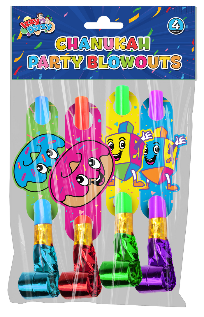 Chanukah Party Blowout — four colorful roll-out party blower horns | Judaica Square Lakewood