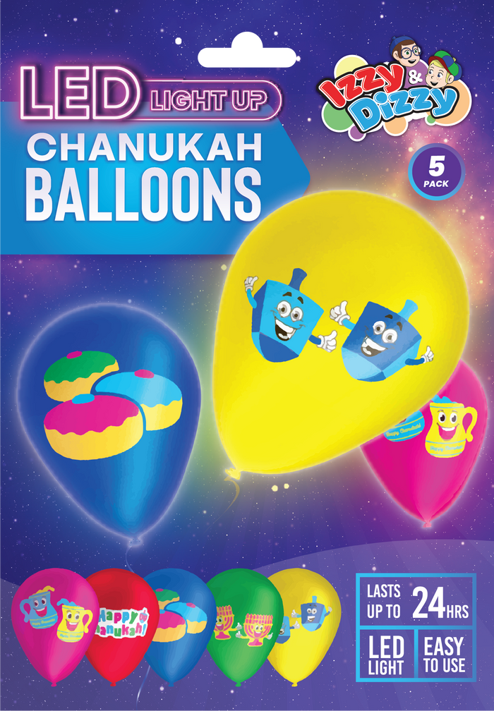LED Chanukah Balloons — inflated balloons glowing blue and white in a dim room | Judaica Square Lakewood