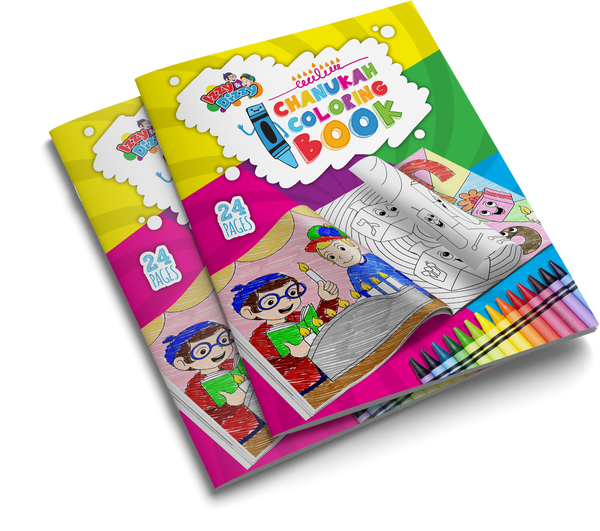 Two stacked Izzy & Dizzy Chanukah Coloring Book covers marked 24 Pages, with printed artwork of children, a menorah and crayons.