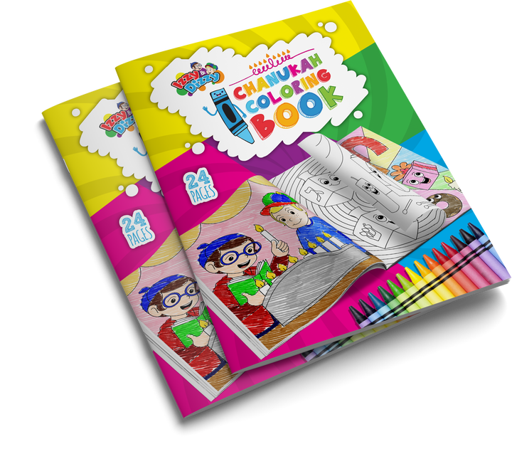 Two stacked Izzy & Dizzy Chanukah Coloring Book covers marked 24 Pages, with printed artwork of children, a menorah and crayons.