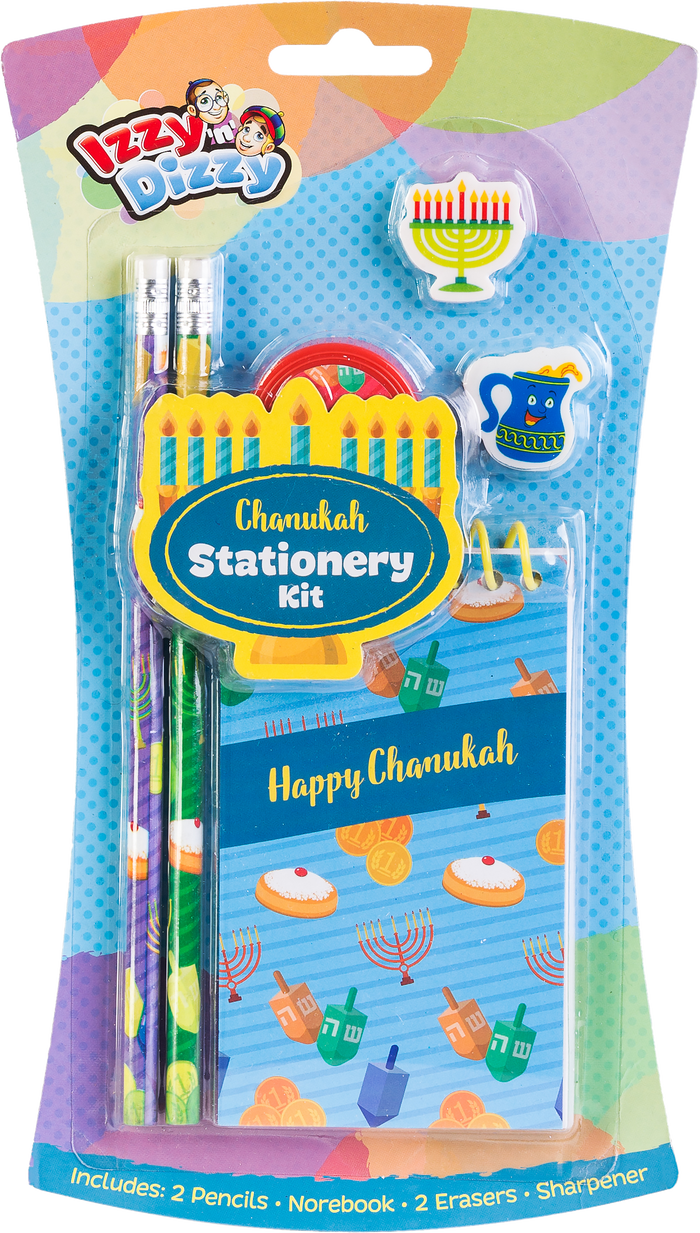 Chanukah Stationery Kit — two pencils, a small notepad and an eraser in Chanukah packaging | Judaica Square Lakewood