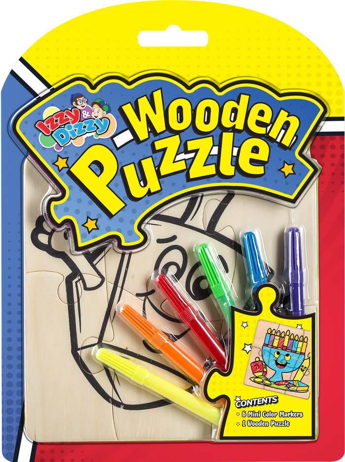 Chanukah Wooden Puzzle Kit — Wooden Chanukah puzzle pieces laid out beside a finished picture | Judaica Square Lakewood