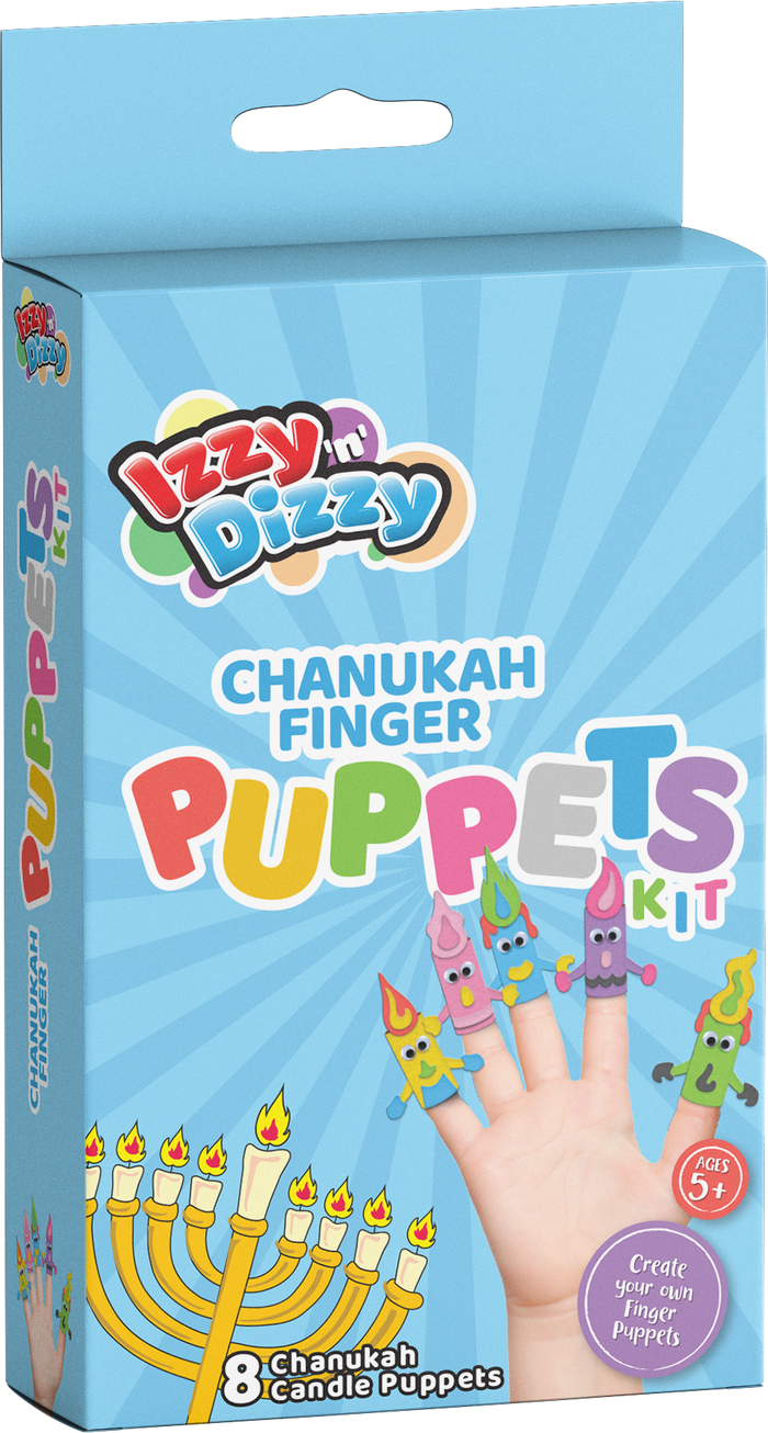 Chanukah Finger Puppet Kit — craft kit pieces and assembled finger puppets of Chanukah characters | Judaica Square Lakewood