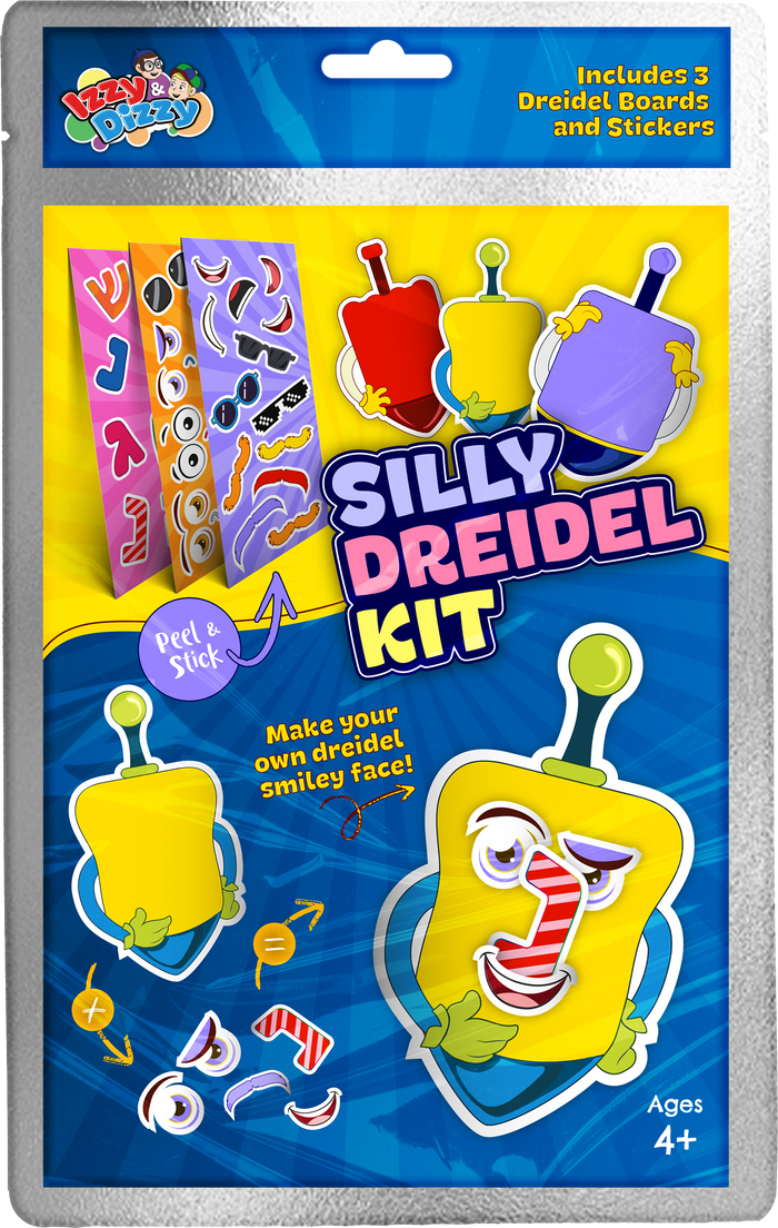 Silly Dreidels Sticker Craft Kit — three dreidel boards decorated with peel-and-stick faces | Judaica Square Lakewood