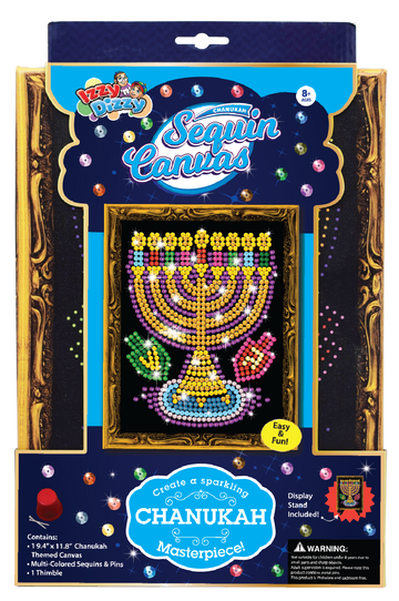 Chanukah Sequins Canvas Kit — printed canvas with multi-color sequins and needles | Judaica Square Lakewood