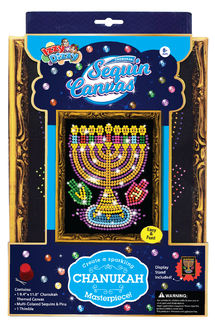 Chanukah Sequins Canvas Kit — printed canvas with multi-color sequins and needles | Judaica Square Lakewood
