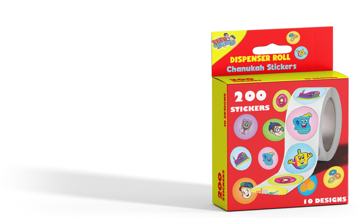Chanukah Sticker Dispenser: roll of holiday stickers in a plastic dispenser
