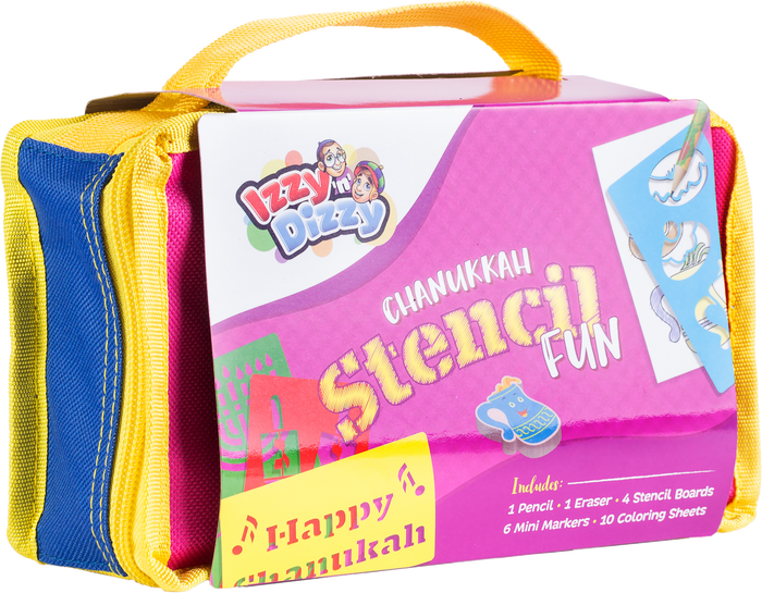 Chanukah Stencil Fun Kit — stencil boards, mini markers and coloring sheets laid out together | Judaica Square Lakewood