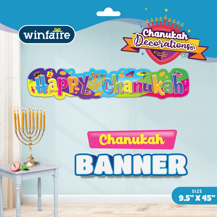 Chanukah Wall Banner, 9.5" x 45" — Long cardboard Chanukah wall banner hung vertically on a door | Judaica Square Lakewood