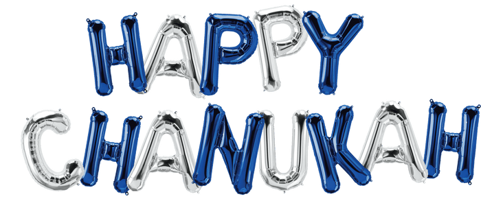 Happy Chanukah Letter Balloons — silver and blue foil-look letters spelling Happy Chanukah | Judaica Square Lakewood