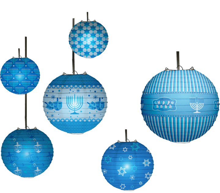 Chanukah Ball LED Lanterns — six round glowing LED ball lanterns for hanging