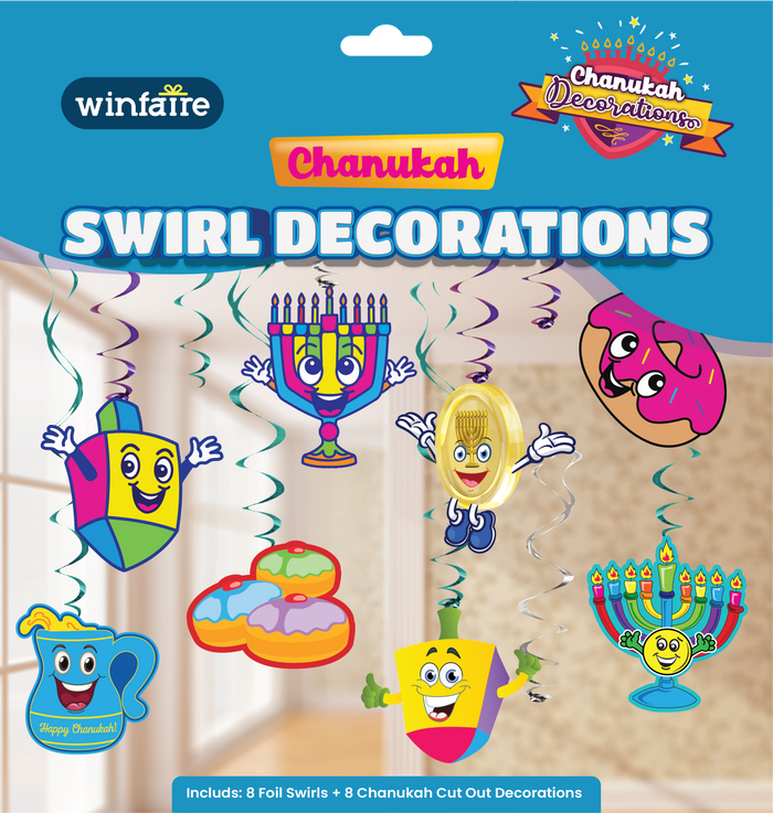 Chanukah Swirl Decorations — Chanukah swirl decorations hanging from a ceiling above a party table | Judaica Square Lakewood