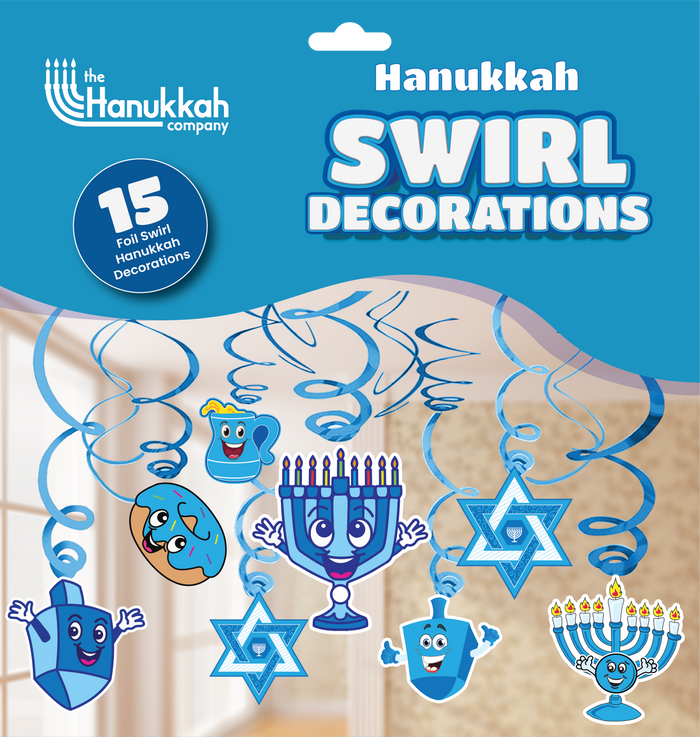 Blue & White Chanukah Swirl Decorations — Blue and white Chanukah swirl decorations hanging above a table | Judaica Square Lakewood