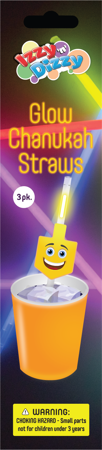 Dreidel Glow Straws — drinking straws with glowing dreidel tops in a dark room | Judaica Square Lakewood