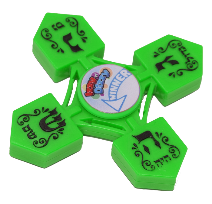 Green Dreidel Spinners — bright green spinner dreidel resting on a table | Judaica Square Lakewood