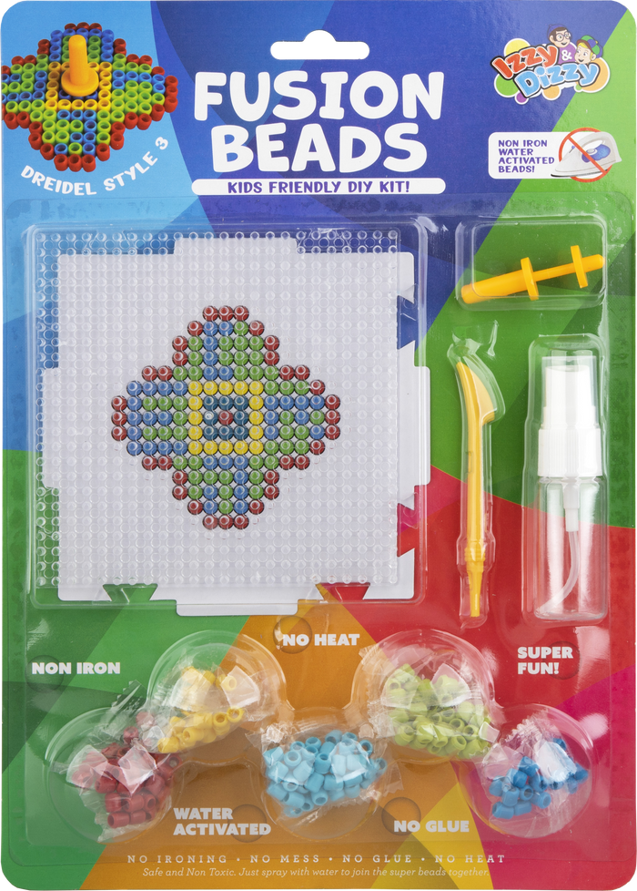 Fusion Beads Dreidel kit — fusion beads, board, tool and water bottle with a finished dreidel | Judaica Square Lakewood