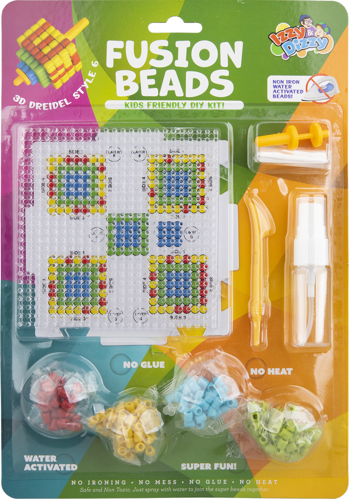 Fusion 3-D Beads Dreidel kit — beads, pegboard, tool and spray bottle with a finished 3-D dreidel | Judaica Square Lakewood