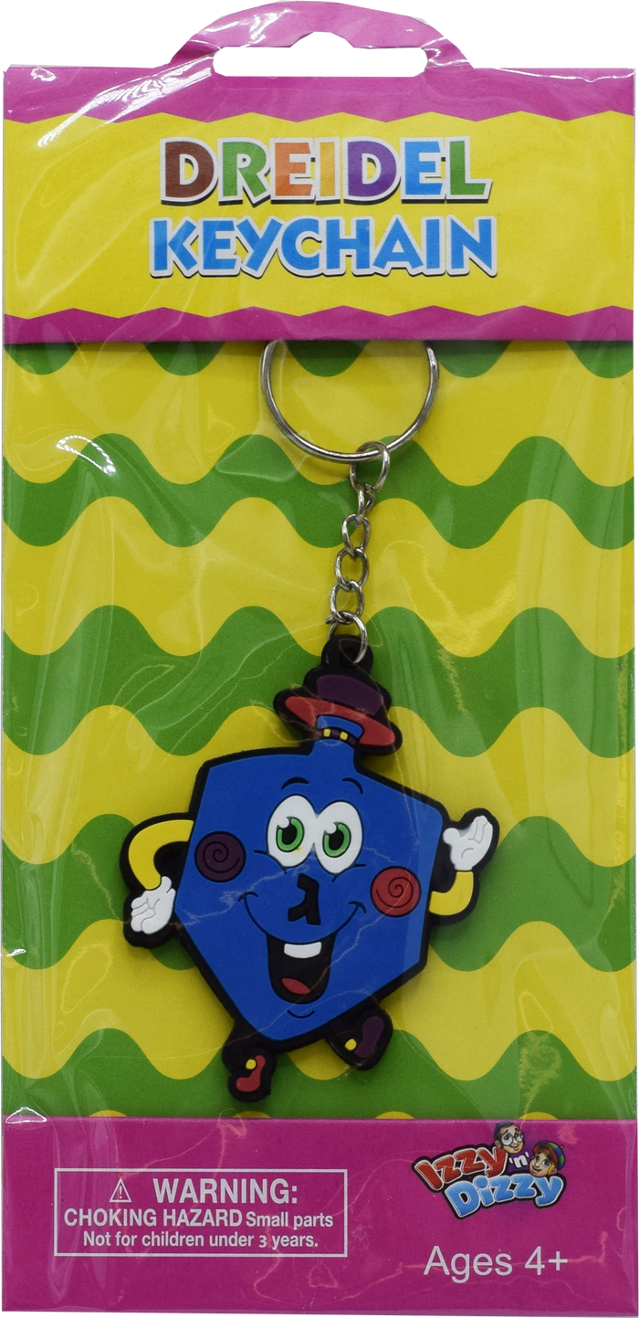 Rubber Dreidel Keychains — small blue and white molded dreidels on metal keyrings | Judaica Square Lakewood