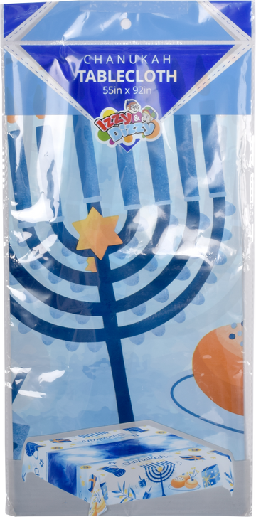 Disposable Chanukah Tablecloth — blue holiday-print cover spread on a table | Judaica Square Lakewood