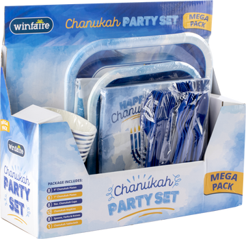 Mega Family Pack Chanukah Paper Goods — blue-design plates, cups and napkins | Judaica Square Lakewood