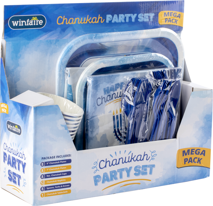 Mega Family Pack Chanukah Paper Goods — blue-design plates, cups and napkins | Judaica Square Lakewood