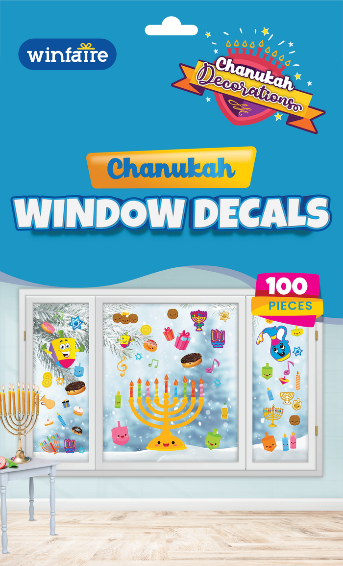 Chanukah Window Decals, 100-Piece Pack — A spread of one hundred small Chanukah window decals | Judaica Square Lakewood