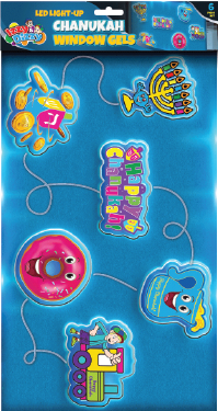 Chanukah LED Window Gels — six glowing window clings on a dark windowpane | Judaica Square Lakewood