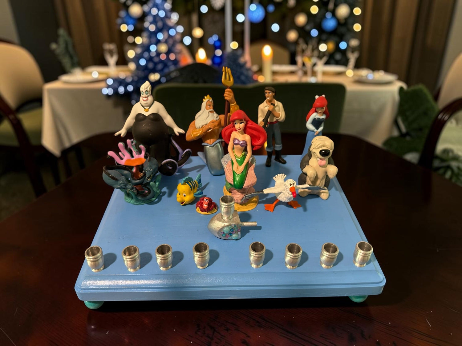 Little Mermaid Menorah — mermaid figures and rhinestones on a painted wood plaque | Judaica Square Lakewood (view 3)