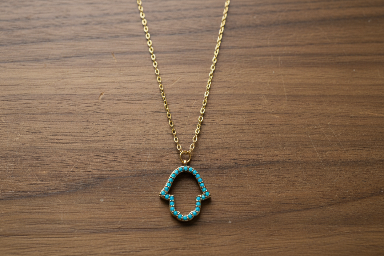 Rose gold hamsa necklace — open hand with blue gemstone | Judaica Square Lakewood (view 5)