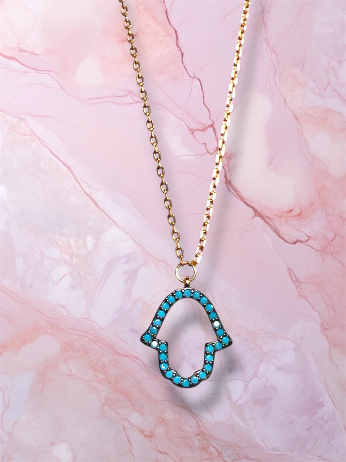 Rose gold hamsa necklace — open hand with blue gemstone | Judaica Square Lakewood