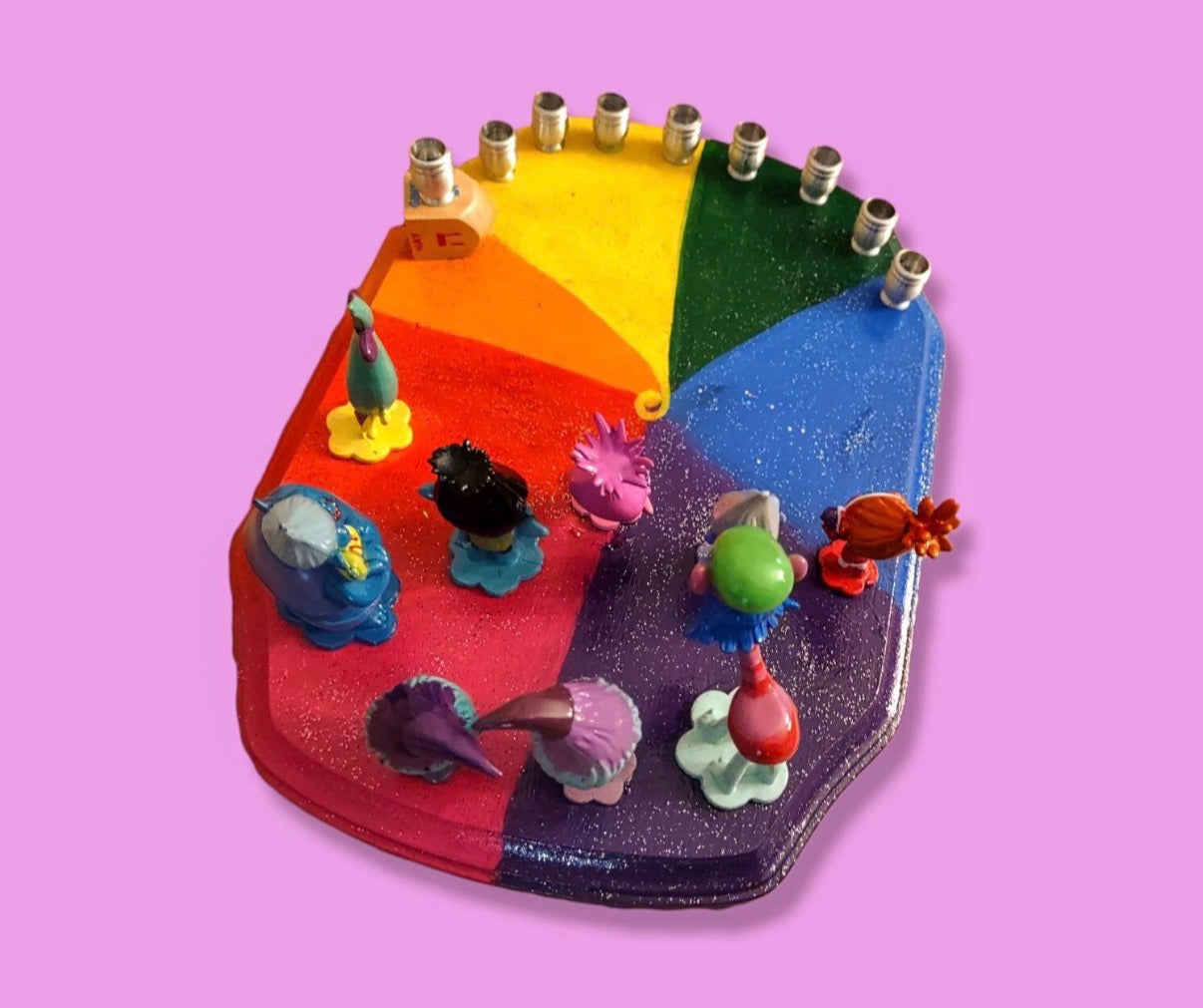 Trolls World Tour Menorah — Poppy and Tiny Diamond figures on painted plaque | Judaica Square Lakewood (view 4)