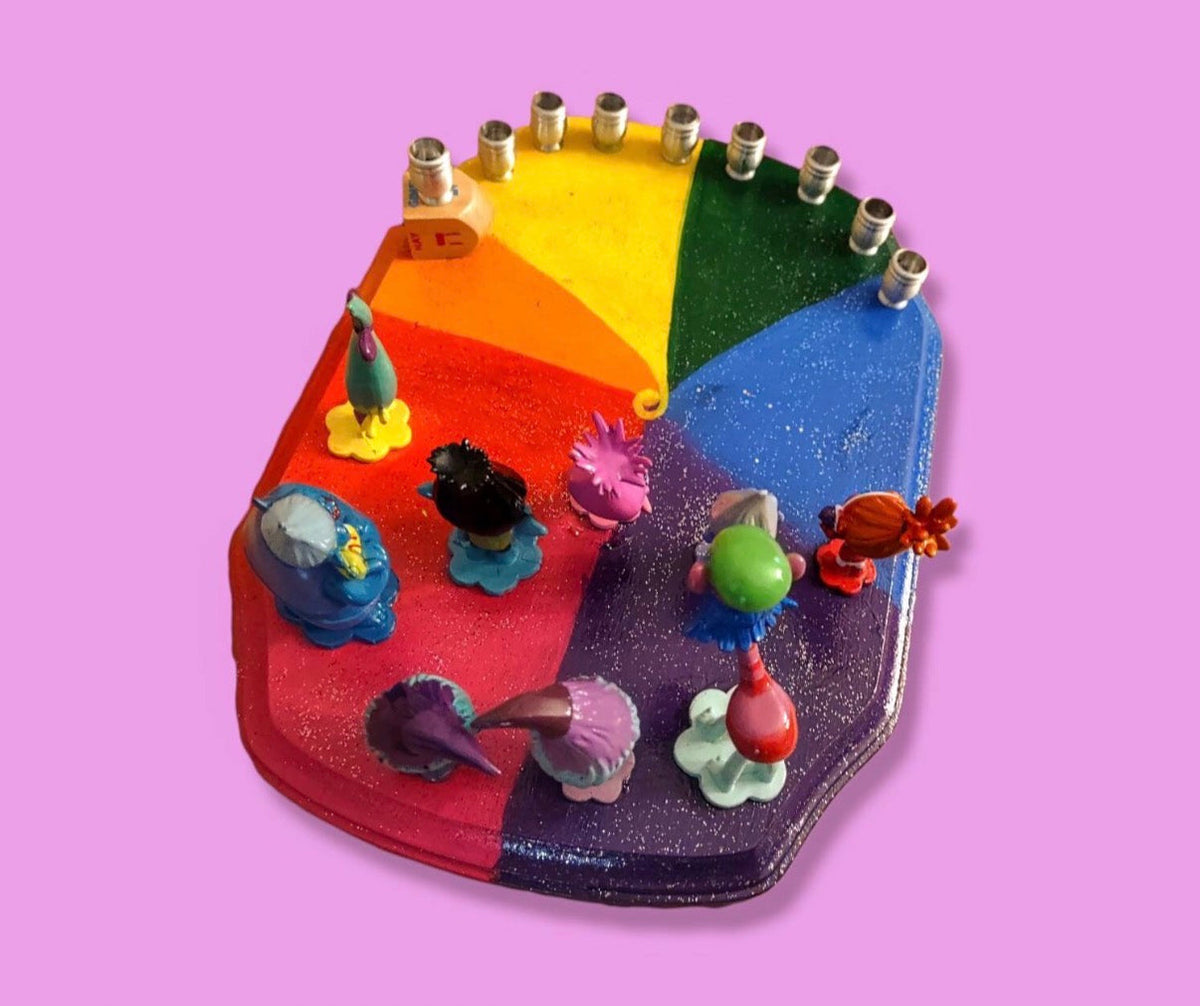 Trolls World Tour Menorah — Poppy and Tiny Diamond figures on painted plaque | Judaica Square Lakewood (view 4)