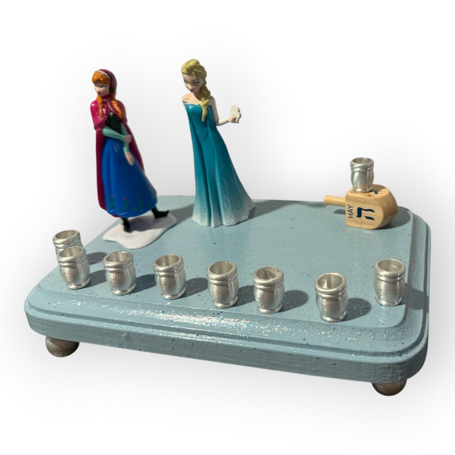 Frozen menorah — Anna and Elsa figures on rhinestone-trimmed painted plaque | Judaica Square Lakewood (view 9)