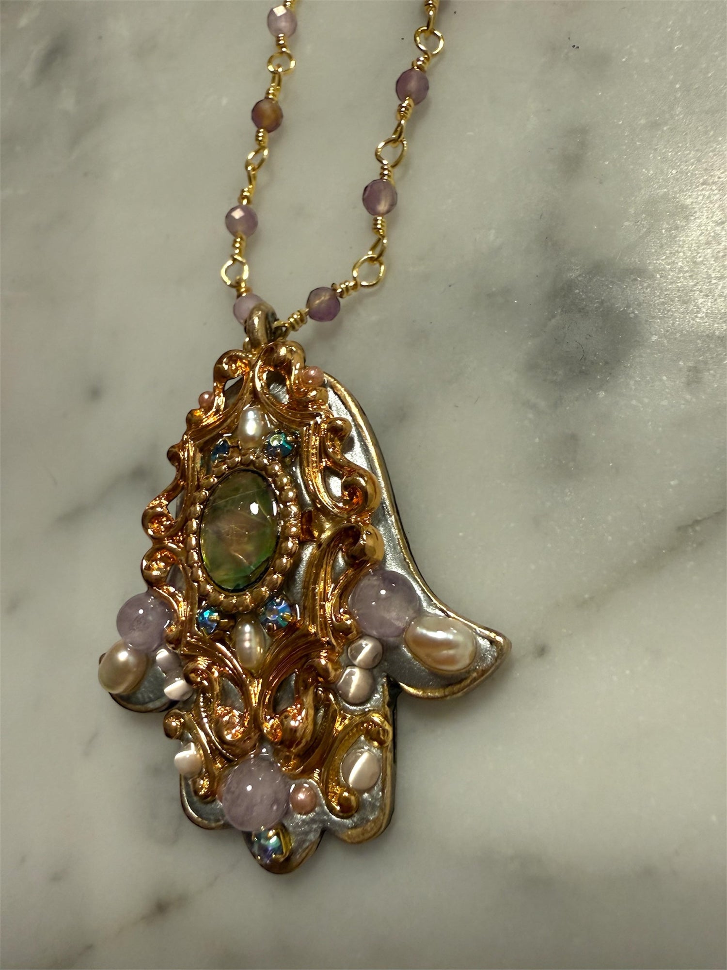 Michal Golan hamsa necklace — abalone and amethyst gold pendant | Judaica Square Lakewood (view 6)