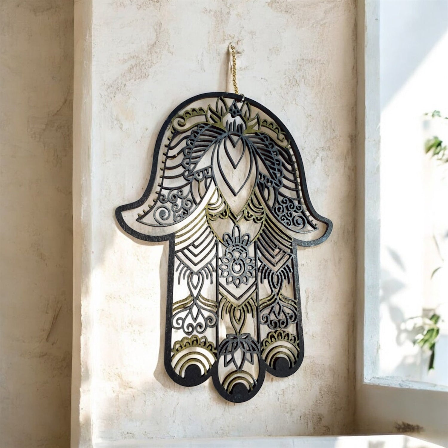 Two-sided wood hamsa — evil eye and floral mandala designs | Judaica Square Lakewood (view 11)