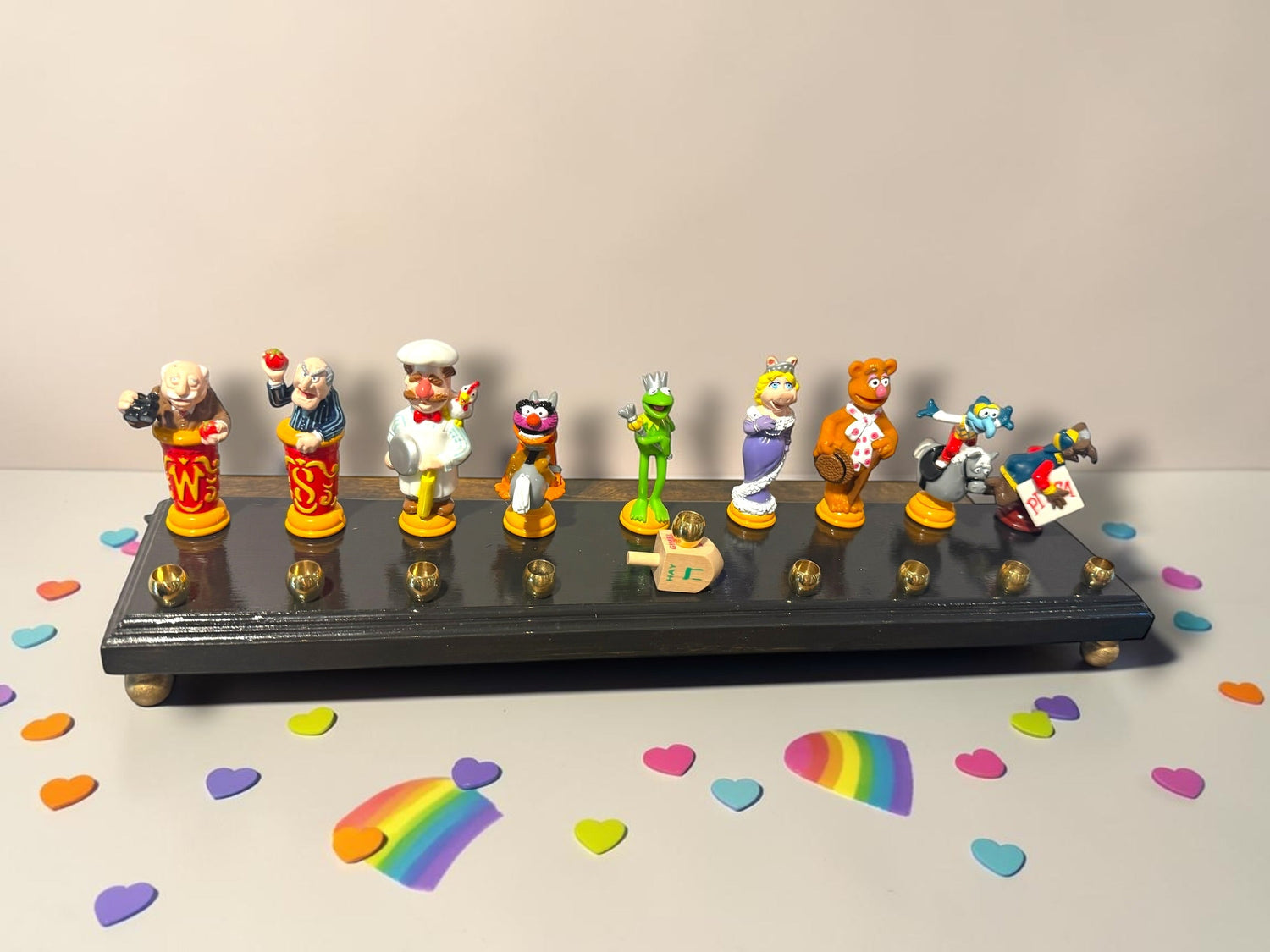 Muppets cast menorah — nine repurposed Muppets figures along a long plaque with brass cups | Judaica Square Lakewoo (view 17)