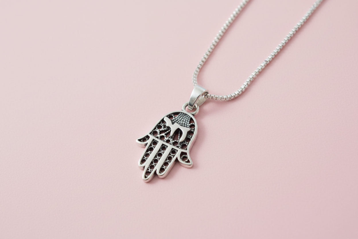 Sterling silver filigree hamsa pendant with Chai cutout on box chain | Judaica Square Lakewood (view 7)