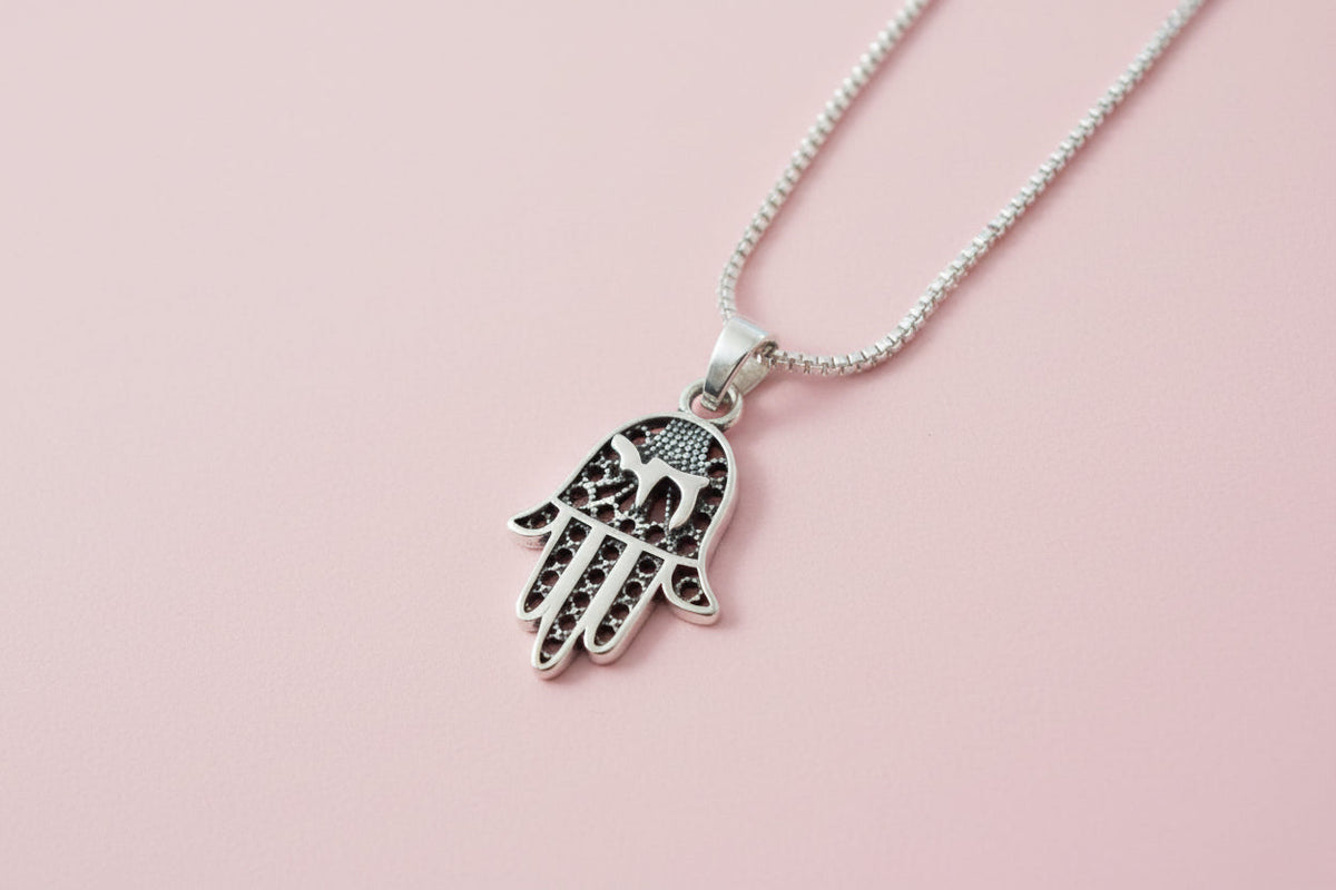 Sterling silver filigree hamsa pendant with Chai cutout on box chain | Judaica Square Lakewood (view 7)