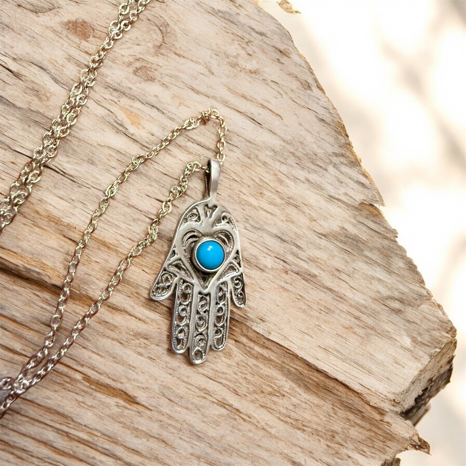 Turquoise stone hamsa hand pendant on a long sterling silver chain | Judaica Square Lakewood (view 8)