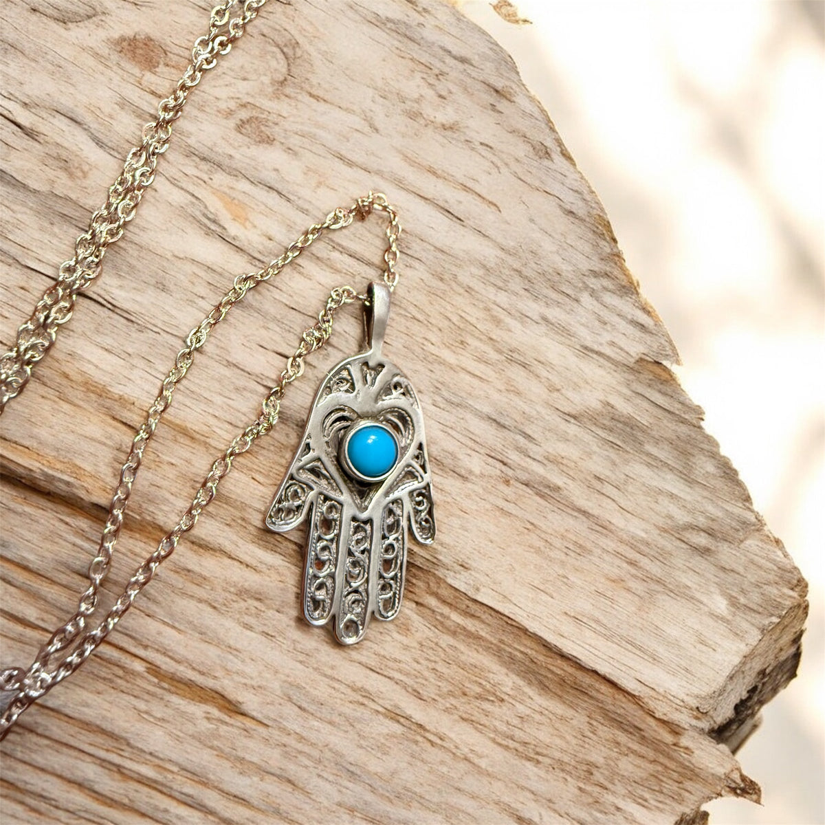 Turquoise stone hamsa hand pendant on a long sterling silver chain | Judaica Square Lakewood (view 8)