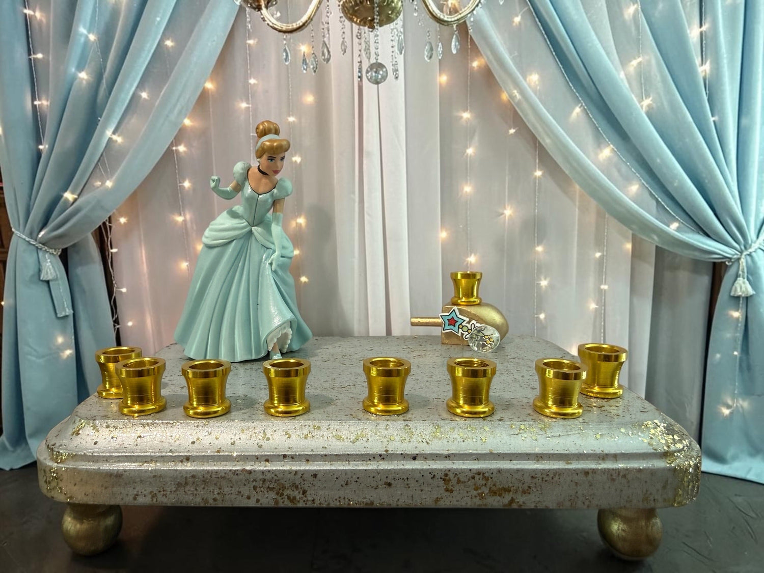 Cinderella menorah — Disney princess figurine on silver base with nine gold cups | Judaica Square Lakewood (view 6)