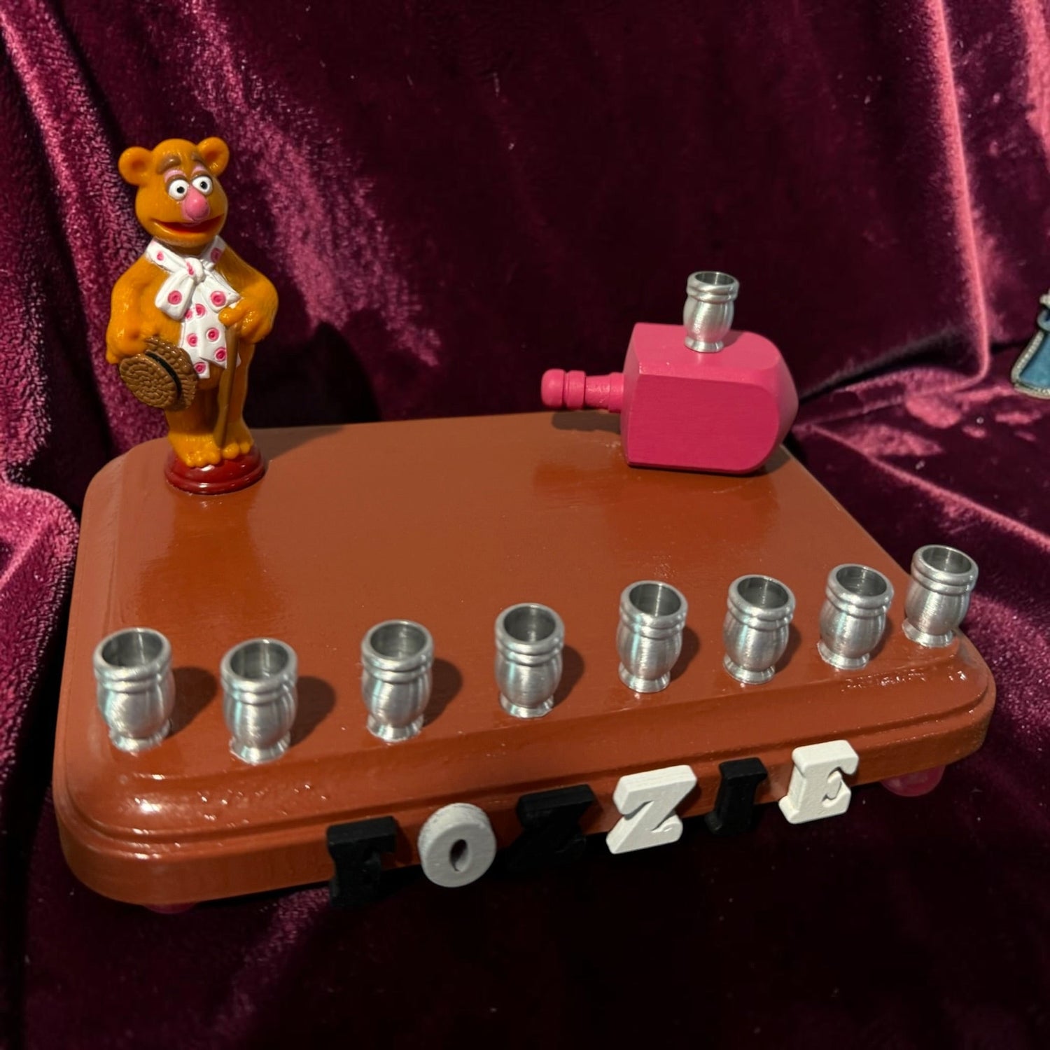 Fozzie Bear menorah — Muppets bear chess piece on painted wood with aluminum cups | Judaica Square Lakewood (view 10)