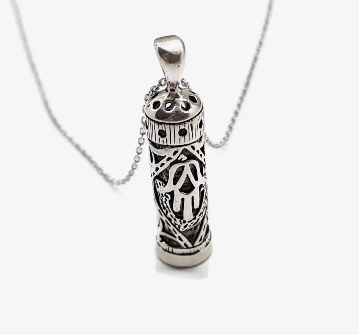 Sterling silver mezuzah case pendant with hamsa design and chain | Judaica Square Lakewood (view 5)