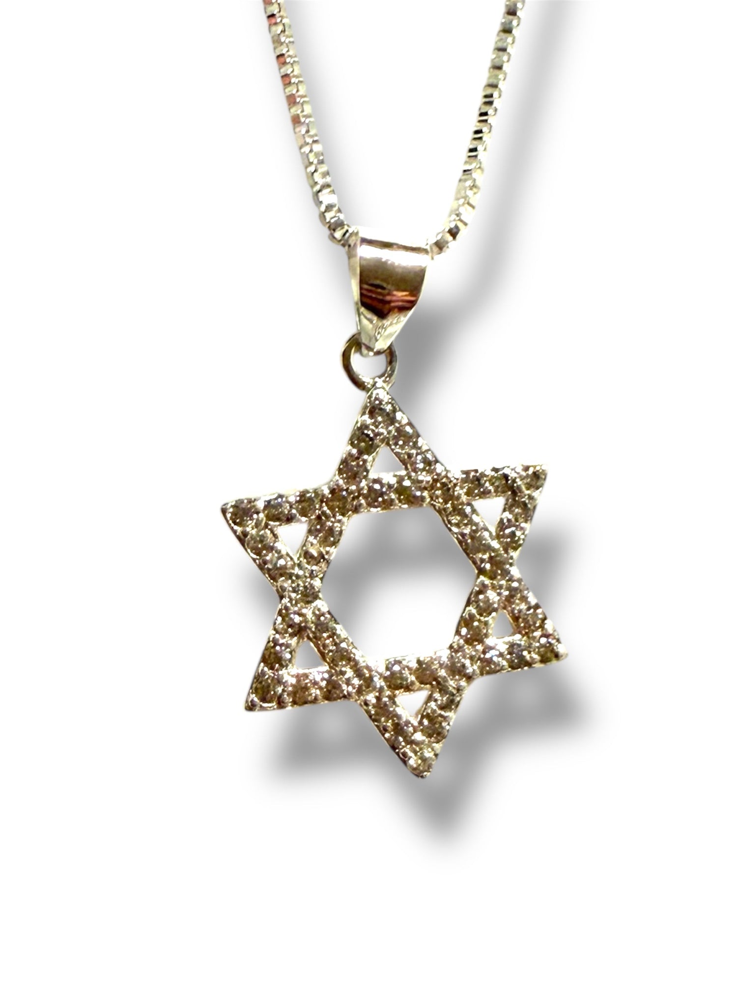 Sparkling cubic zirconia sterling Magen David pendant on box chain | Judaica Square Lakewood (view 12)