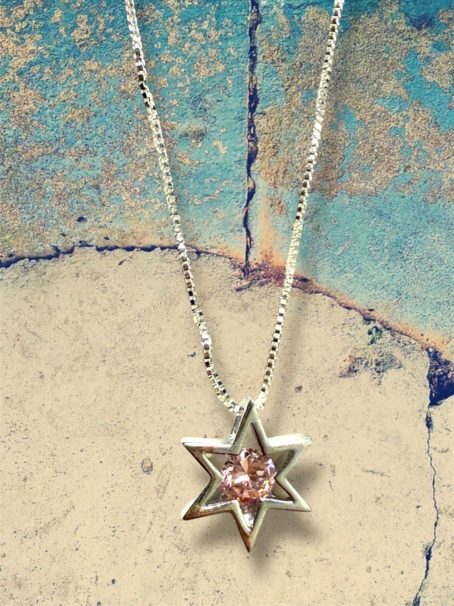 Modern sterling Star of David pendant centered with a pink stone | Judaica Square Lakewood (view 5)