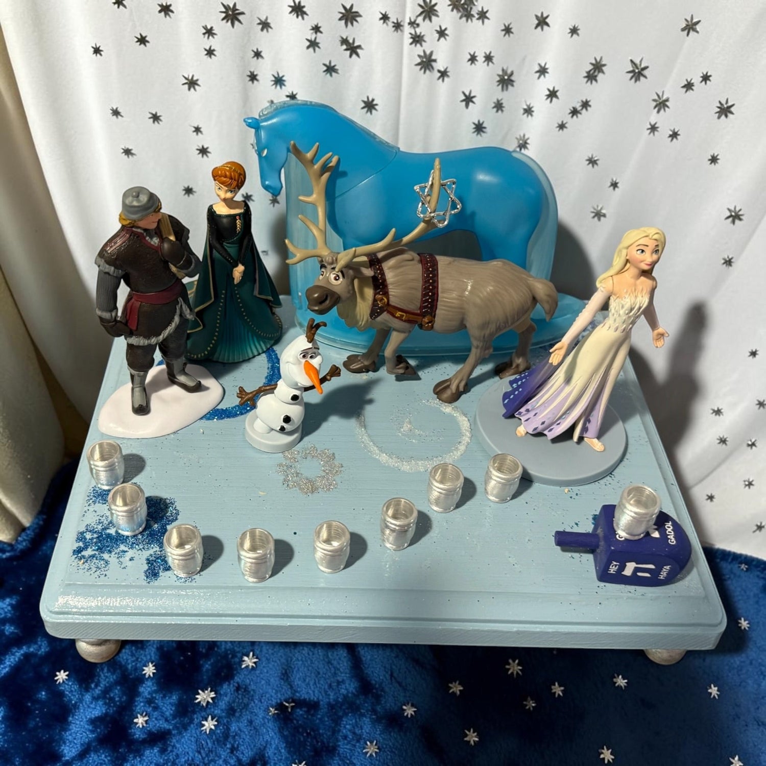 Frozen Menorah — Anna and Elsa figures with glitter dreidel shamash | Judaica Square Lakewood (view 12)