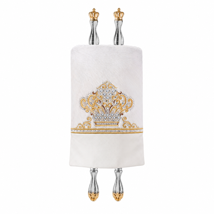 Fur and Leather Torah Mantle - Style 381 - White - Torah Covers & Mantles