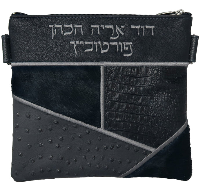 Prestige Ostrich Tallit & Tefillin Bag — Geometric & Ostrich Design, Premier Collection (800I-NV)